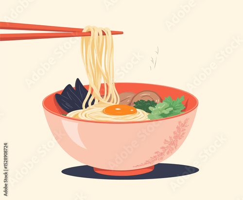 Steaming Ramen Bowl with Noodles and Vegetables in Pink Bowl