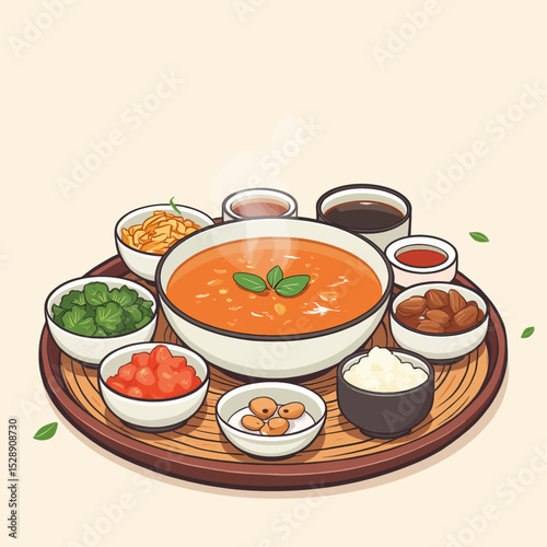 Steaming Tomato Soup with Assorted Ingredients on Wooden Tray