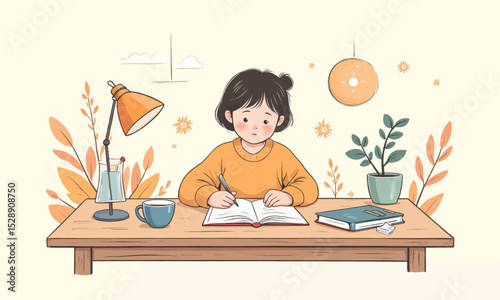 Study Time Serenity: Girl Reading at Cozy Autumn Desk