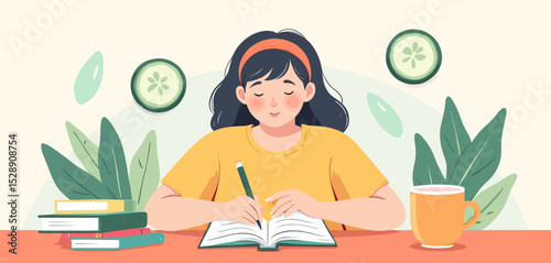Student Studying in Cozy Indoor Setting with Plants and Books