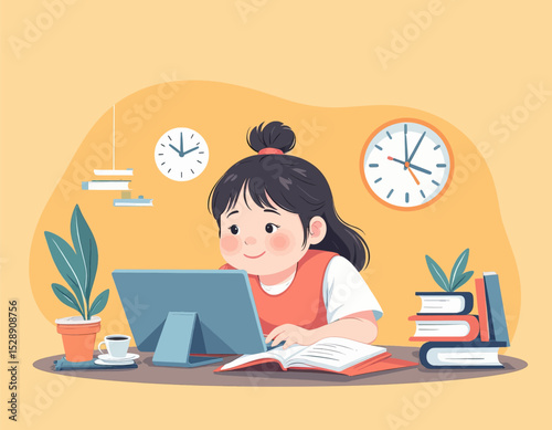 Studious Girl Learning with Laptop and Books in Cozy Study Nook