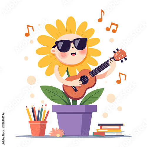 Sunflower Playing Ukulele in Creative Office Space