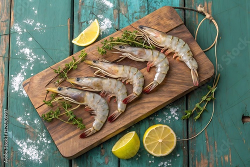 Fresh tiger prawns with lemon on rustic wooden board