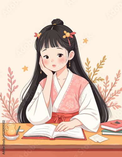 Young Girl in Traditional Kimono Studying in Serene Autumn Setting