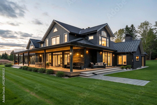 house in the park, Contemporary barndominium home with spacious outdoor entertainment area. Modern residence features black facade with large windows