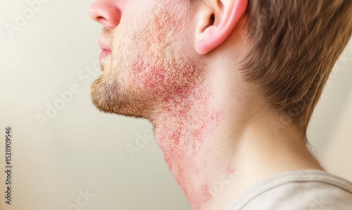 Man with pink, itchy lines on neck and cheek. Reaction, allergy. Side view of man's head and shoulders. Redness. Dry skin, pink spots