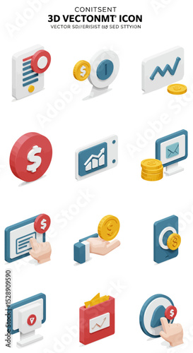 Set of 3D vector icons representing business, finance, and technology concepts.