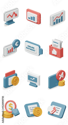 Isometric icons depicting finance, online payment, data analysis, and currency transactions.