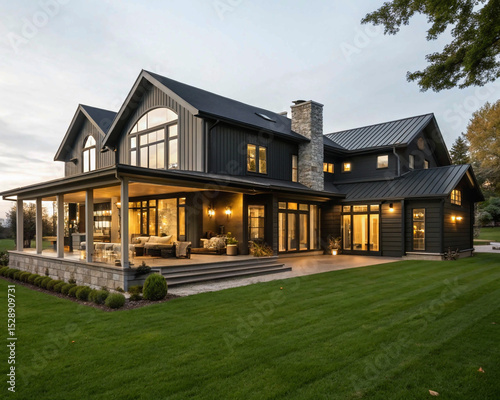 old house in the park, Contemporary barndominium home with spacious outdoor entertainment area. Modern residence features black facade with large windows