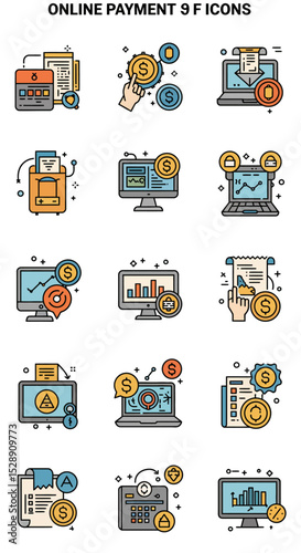 A collection of colorful, stylized icons depicting various online payment transactions and financial concepts.