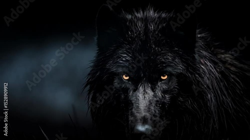 Intense portrait of a black wolf with striking golden eyes, shrouded in dark moody ambiance. Mysterious animal stares intensely in shadowy scene.