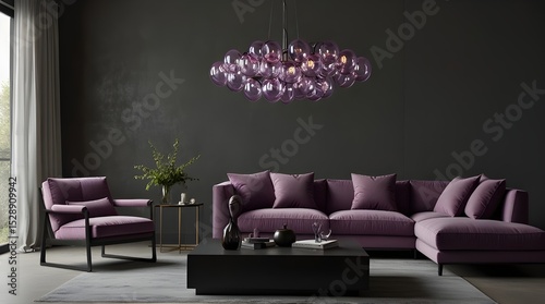 Modern living room with purple sofa and hanging glass lamps against a gray wall. generative.ai