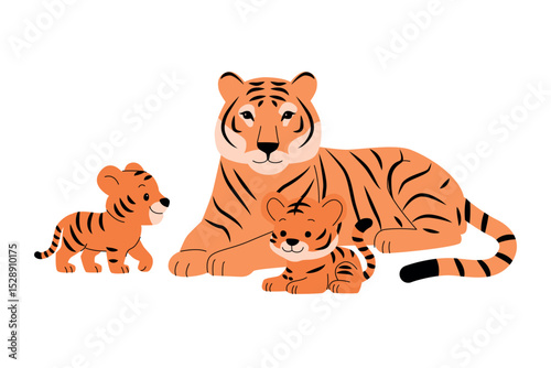Flat vector illustration of a tiger family with a mother tiger lying down and two playful tiger cubs. Simple, cute design perfect for childrens books, safari themes, or educational materials. Vector
