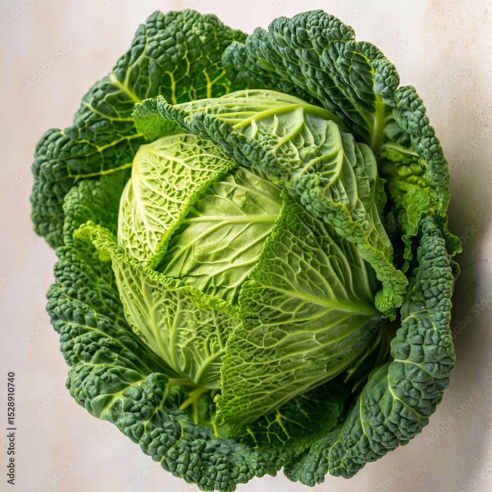 Fototapeta premium A fresh, vibrant green Savoy cabbage with crinkled leaves, showcasing its intricate patterns and natural beauty against a plain background. AI generated. 