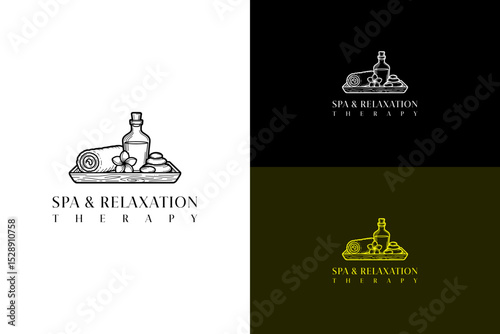 wooden tray with spa essentials illustration, icon, vector logo for spa bath, massage center, essential oil, personal care, fitness, health, wellness, herbal therapy, spa and relaxation, and more
