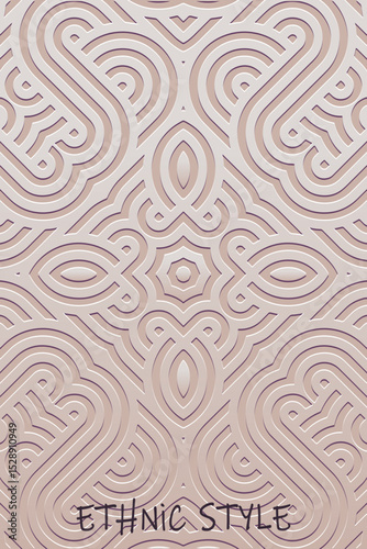 Ethnic light background, cover design, banner, tribal wallpaper. Geometric original 3D pattern, embossing. Relief ornaments, arabesques, mandala, fresco of the East, Asia, India, Mexico, Aztec, Peru.