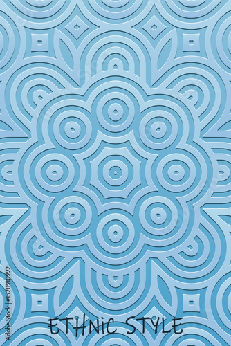 Ethnic blue background, cover design, banner, tribal wallpaper. Geometric elegant 3D pattern, embossing. Relief ornaments, arabesques, mandala, fresco of the East, Asia, India, Mexico, Aztec, Peru.