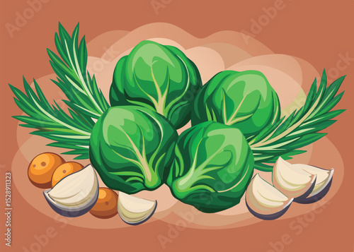 Fresh Brussels sprouts with herbs and onions.