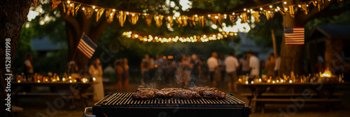 A sizzling barbecue grill filled with a variety of meats cooked over an open fire, with cheerful people enjoying a lively outdoor garden party in the background.