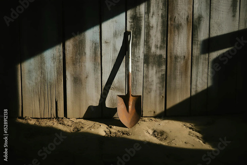 Shovel leaning against a weathered wooden wall
