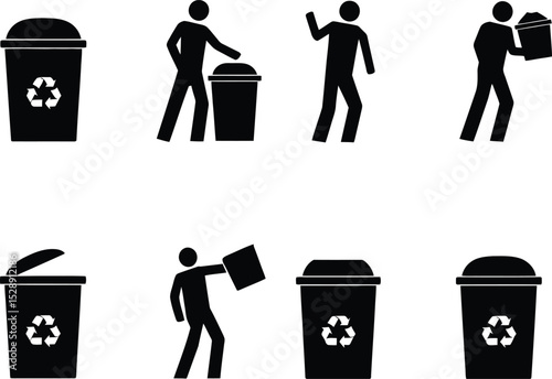 Recycling & Waste Disposal Icon Set – Eight Black Vector Symbols Depicting Proper Trash Sorting, Cleanup & Environmental Responsibility