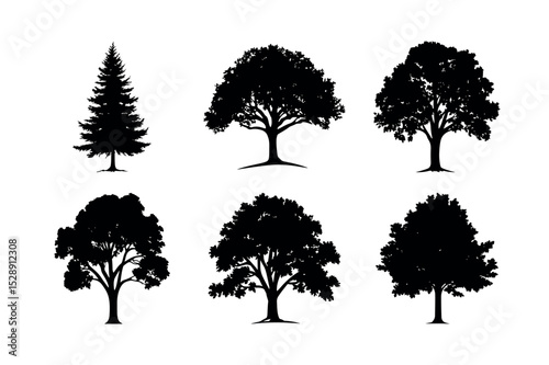 Six black silhouettes of different trees