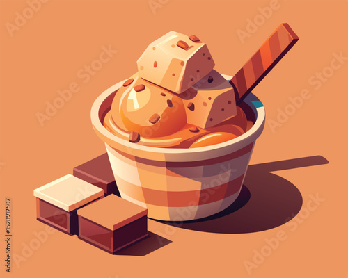 Delicious caramel ice cream sundae.
