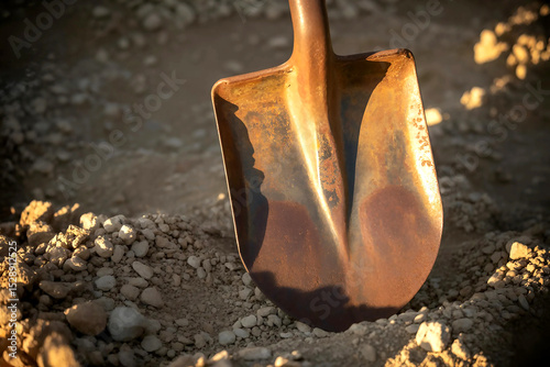 Close-up of a dirty shovel in gravel