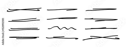 Underlines set, hand drawn accentuation marker pen strokes. Doodle style divider separator handwritten collection wavy curly various strips art lines. Isolated. Vector illustration