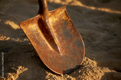 Rusty Shovel Buried in Sand on Beach