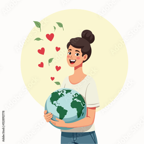 Happy Woman Holding Earth with Love – Flat Design Illustration