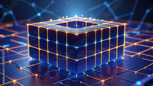 Hyperrealistic Digital Rendering Dark Blue Cube Illuminated Orange Blue Lines Network Connections Abstract Technology Background photo