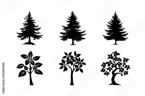 Six black silhouettes of trees and plants