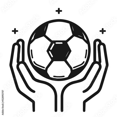 Hands holding a soccer ball with positive energy symbols  