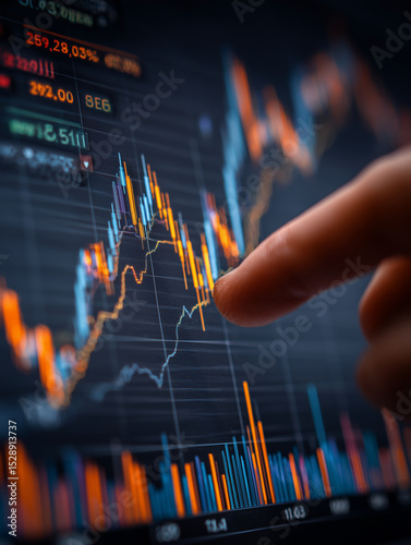 close up view of financial chart displaying market trends and data analysis, with finger pointing at graph, indicating investment decisions and market fluctuations