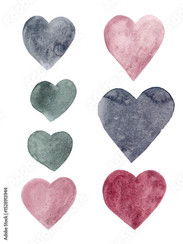 Abstract banner. Green, grey and pink watercolor. Powder hearts. Minimal concept. Hand drawn. Great design for any purpose