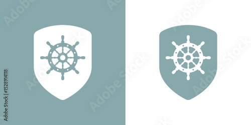 Logo nautical. Silueta de volante de timón de barco en escudo 