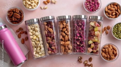 Colorful glass jars filled with mixed nuts and dried fruits on soft coral background overflows with wholesome snack variety and promotes healthy active lifestyle photo