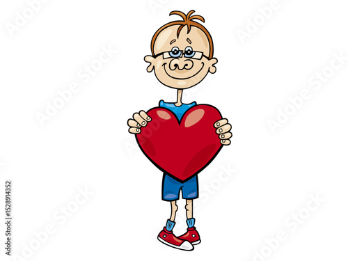 Cheerful boy with big red heart smiling widely wearing glasses