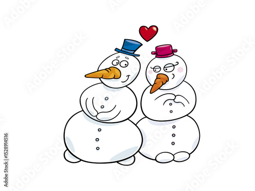 Illustration of snowman couple in love isolated on white background for valentines day
