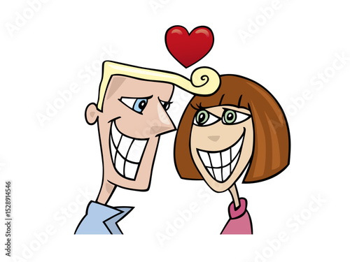 Illustration of cartoon couple in love isolated on white background with big smile
