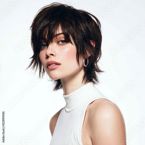 Brunette shag haircut woman with bangs and gold hoop earrings on white background for hair styling