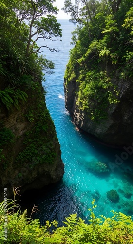 Secluded tropical cove with turquoise water and lush green cliffs