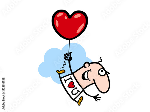 Happy man flying with heart balloon i love you