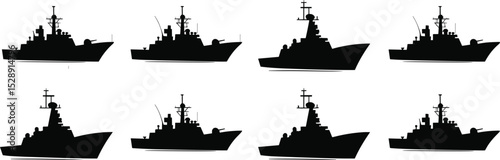 Modern Warship Silhouettes: Naval Combat Vessels, Frigates, and Destroyers for Military, Defense, Maritime, and Strategic Operations Themes