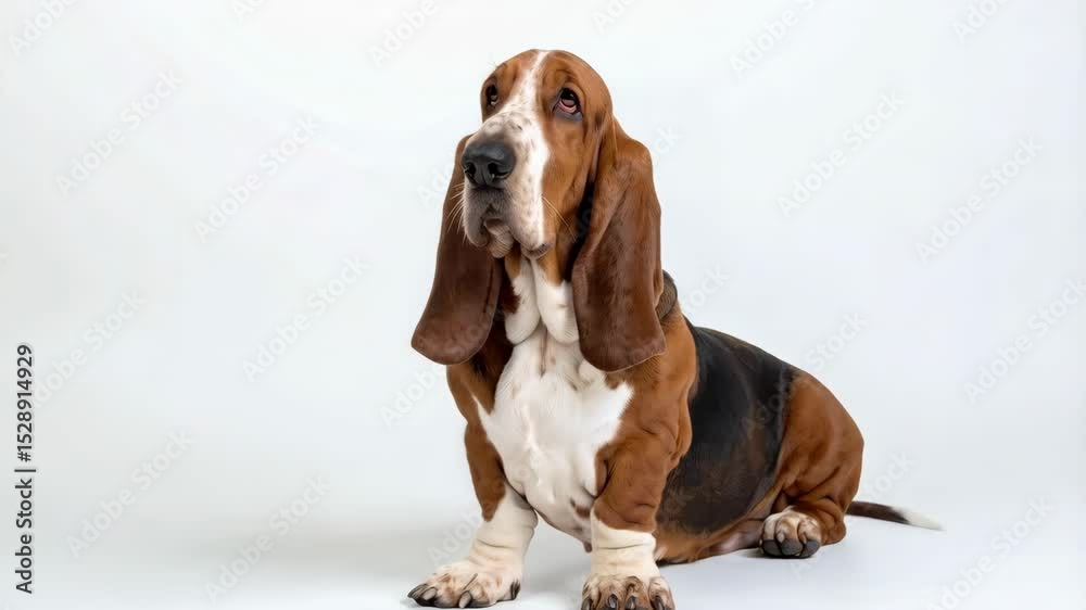 Brown and white Basset Hound sitting attentively on a bright white studio backdrop looking up at the camera with long ears Brown and white Basset Hound sitting attentively on a bright white studio backdrop looking up at the camera with long ears