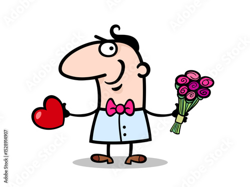 Cartoon man with roses and heart for valentines day