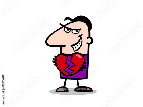 Cartoon man holding a broken heart with a sneer