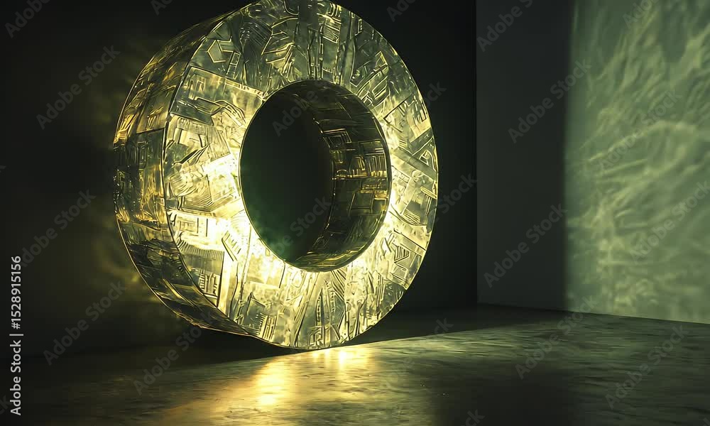 Golden Ring Sculpture with Complex Geometric Pattern in a Room with Reflected Light