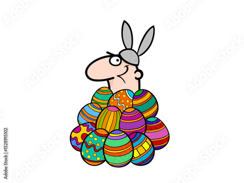 Happy easter man surrounded by colorful eggs